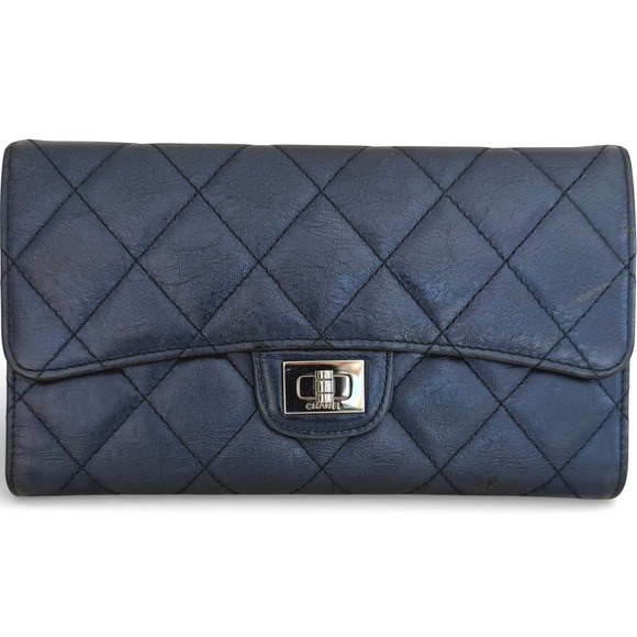 Chanel Metallic Navy Aged Calfskin Quilted Reissue Long Flap Wallet 12 Series